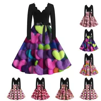 Женское облегающее платье свободного кроя с V-образным вырезом и длинными рукавами в стиле «День святого Валентина» с принтом в виде сердец L