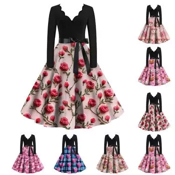 Женское облегающее платье свободного кроя с V-образным вырезом и длинными рукавами в стиле «День святого Валентина» с принтом в виде сердец L синий