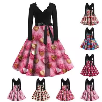 Женское облегающее платье свободного кроя с V-образным вырезом и длинными рукавами в стиле «День святого Валентина» с принтом в виде сердец XL