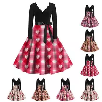 Женское облегающее платье свободного кроя с V-образным вырезом и длинными рукавами в стиле «День святого Валентина» с принтом в виде сердец L