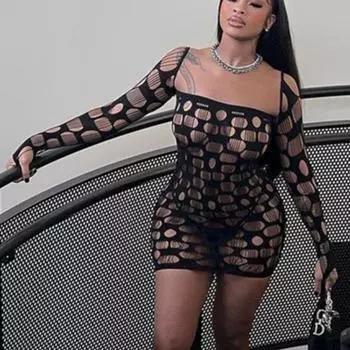 Женское облегающее сетчатое платье для ночного клуба, сексуальное модное короткое эластичное облегающее платье с длинным рукавом, ночная рубашка One Size