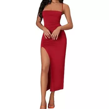 Женское облегающее сексуальное платье на бретелях с халтером и разрезом, летнее вечернее платье макси с открытой спиной и бретелями S красный