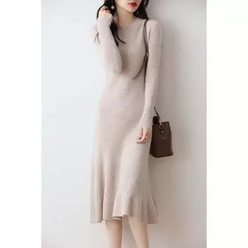 Женское облегающее шерстяное вязаное платье экстра-длины - юбка «рыбий хвост», до колена, осень/зима. L (110-125 Jin)