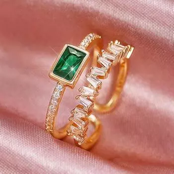 Женское обручальное кольцо, двухслойное открывающееся регулируемое кольцо из полированного циркона, зеленое обручальное кольцо с искусственным кристаллом, подарок на день Святого Валентина золотистый