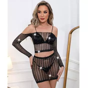 Женское обтягивающее нижнее белье со стразами, пляжная одежда, эротическое сетчатое, прозрачное, облегающее платье, женская сексуальная короткая юбка XXS