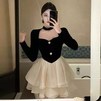 Женское обтягивающее платье-торт из французского контрастного бархата S чёрный