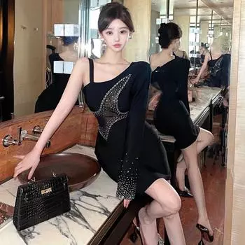 Женское одно плечо с длинным рукавом перспектива горячее ромбовидное платье бедра прилив S чёрный