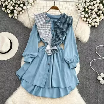 Женское однобортное платье трапециевидной формы с длинным рукавом и кружевом на талии RUGOD, контрастное цветное ретро-платье с круглым вырезом и листьями лотоса