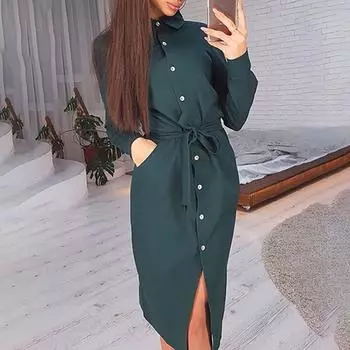 Женское однобортное вечернее платье на пуговицах с длинным рукавом и воротником с лацканами 2XL зелёный