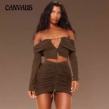 Женское однолинейное декольте с открытыми плечами, сексуальное ажурное плиссированное кружевное платье-халтер XS света кофе