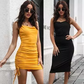 Женское однотонное эластичное вязаное платье в рубчик в полоску с ворсом и открытой спиной, плиссированные платья-спагетти с завязками S жёлтый