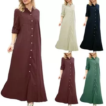 Женское однотонное элегантное и свободное длинное платье-кардиган с длинными рукавами и воротником-стойкой L темно-зеленого