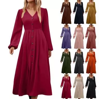 Женское однотонное элегантное облегающее платье А-силуэта с V-образным вырезом и длинными рукавами и высокой талией L армия зеленый