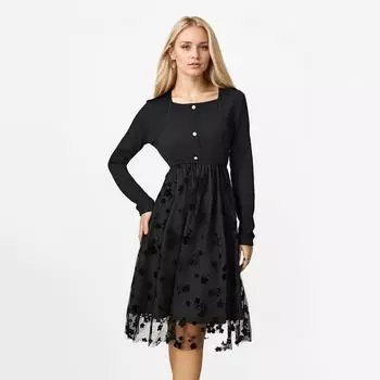 Женское однотонное элегантное платье с квадратным воротником и длинными рукавами в сетку M чёрный