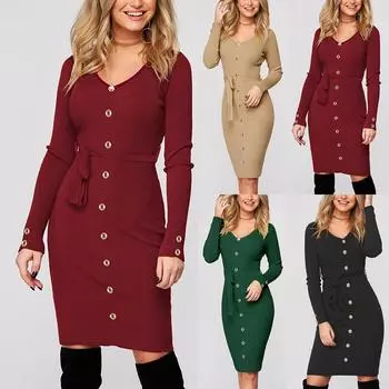 Женское однотонное элегантное платье с v-образным вырезом и пуговицами с v-образным вырезом и длинными рукавами L чёрный