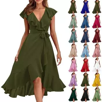 Женское однотонное элегантное платье с v-образным вырезом и короткими рукавами и рюшами XXL чёрный