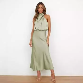 Женское однотонное атласное длинное платье без рукавов с бретелькой на шее и талией, светское вечернее платье 4XL армия зеленый