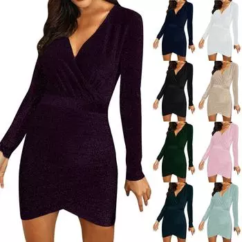 Женское однотонное блестящее вечернее платье с длинными рукавами и v-образным вырезом, сексуальная сумка до бедра, платье длиной до колена M зелёный