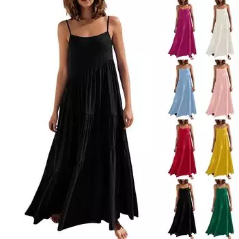 Женское однотонное богемное повседневное пляжное платье плиссированное нерегулярное платье Пляжное длинное платье S чёрный