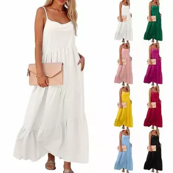 Женское однотонное богемное повседневное пляжное платье плиссированное нерегулярное платье Пляжное длинное платье L чёрный