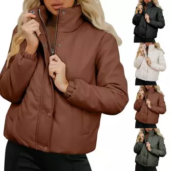 Женское однотонное длинное кожаное пальто с высоким воротом и толстым хлопковым пальто L кофейный