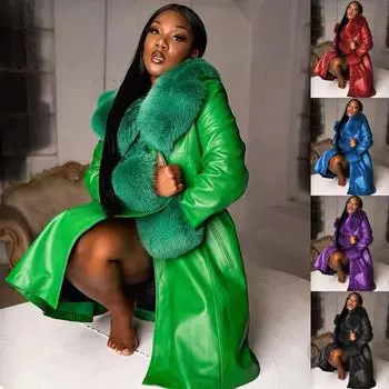 Женское однотонное длинное меховое пальто с лацканами из искусственной кожи с пуговицами 3XL чёрный