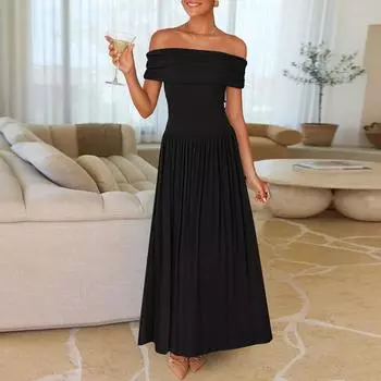 Женское однотонное длинное платье без рукавов с карманом на одно плечо и без бретелек L чёрный