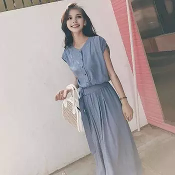 Женское однотонное длинное платье Элегантное летнее платье миди с поясом и тонкой талией, А-силуэт, плиссированные детали для женщин, круглый S синий