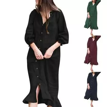 Женское однотонное длинное платье-рубашка с воротником и пуговицами Falbala L чёрный