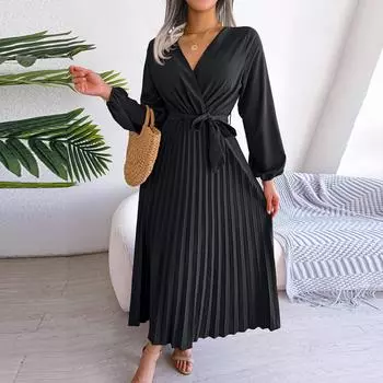 Женское однотонное длинное платье с высокой талией, длинными рукавами, поясом, V-образным вырезом и складками L чёрный