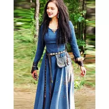 Женское однотонное длинное платье в стиле ретро с длинным рукавом и круглым вырезом на талии в этническом стиле 4XL бордовый