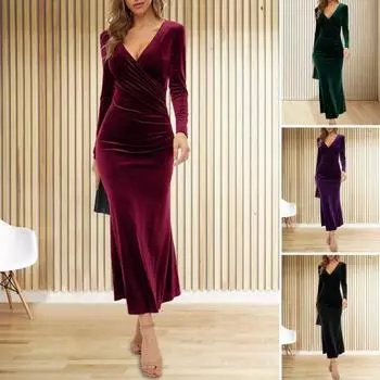 Женское однотонное длинное вечернее платье с V-образным вырезом и длинными рукавами 2XL чёрный