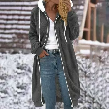 Женское однотонное двустороннее плюшевое пальто средней длины с капюшоном и карманами XXL чёрный