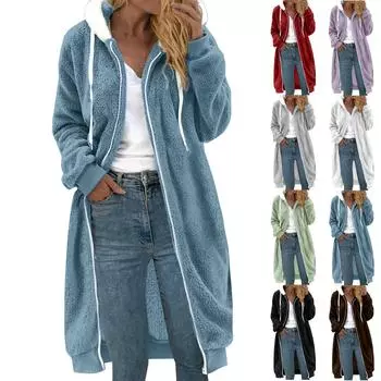 Женское однотонное двустороннее плюшевое пальто средней длины с капюшоном и карманами XXL чёрный