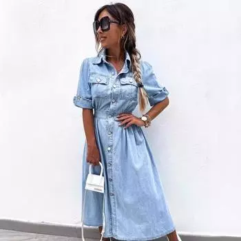 Женское однотонное джинсовое платье средней длины с лацканами и рукавами средней длины, застегивающееся на пуговицы L синий