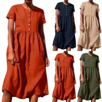 Женское однотонное хлопковое льняное платье с круглым вырезом и короткими рукавами в стиле пэчворк на пуговицах L