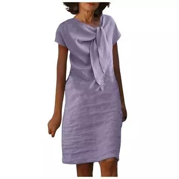Женское однотонное хлопковое льняное платье с круглым вырезом и короткими рукавами L фиолетовый