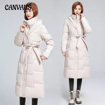 Женское однотонное хлопковое пальто больших размеров, зимняя утолщенная хлопковая куртка длиной до колена, длинная куртка с капюшоном и поясом L чёрный