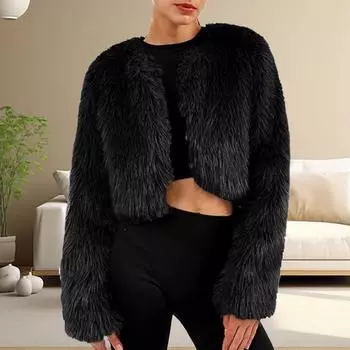 Женское однотонное искусственное длинное пальто без воротника с рукавами и без рукавов размера плюс L чёрный