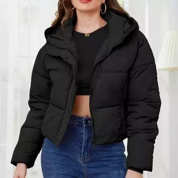 Женское однотонное короткое хлопковое пальто с длинным рукавом и высоким воротником, теплое свободное пальто L чёрный