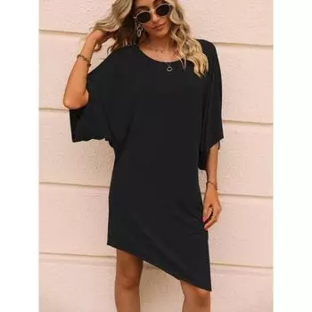 Женское однотонное круглое платье с рукавом пять четвертей, средней длины, повседневное свободное, нестандартное, короткое, облегающее платье-футболка S бордовый