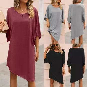 Женское однотонное круглое платье с рукавом пять четвертей, средней длины, повседневное свободное, нестандартное, короткое, облегающее платье-футболка S чёрный