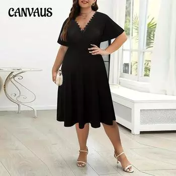 Женское однотонное кружевное платье свободного покроя с V-образным вырезом и короткими рукавами больших размеров, осеннее платье средней длины с заниженной талией 1XL чёрный