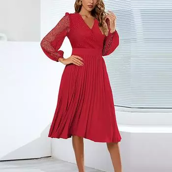 Женское однотонное кружевное повседневное платье с длинным рукавом и v-образным вырезом
