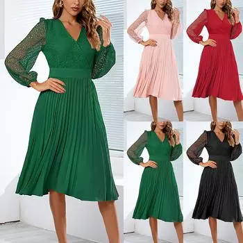 Женское однотонное кружевное повседневное платье с длинным рукавом и v-образным вырезом S красный