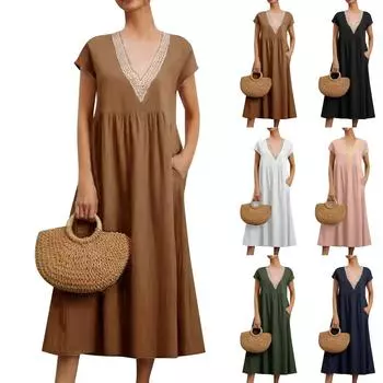 Женское однотонное кружевное свободное платье без рукавов с v-образным вырезом из хлопка и льна с карманами M