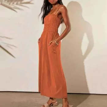 Женское однотонное летнее платье без рукавов с v-образным вырезом и пухом, повседневное короткое платье с карманами и карманами L имбирный
