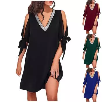 Женское однотонное летнее платье с блестками и V-образным вырезом с короткими рукавами и без бретелек L чёрный