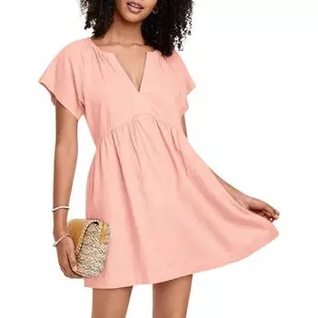 Женское однотонное летнее платье с коротким рукавом и V-образным вырезом вниз, повседневное короткое платье с карманами L розовый