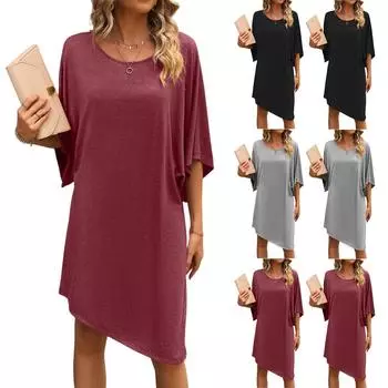 Женское однотонное летнее платье-трапеция с рукавом 1/4, повседневное свободное платье средней длины XL чёрный